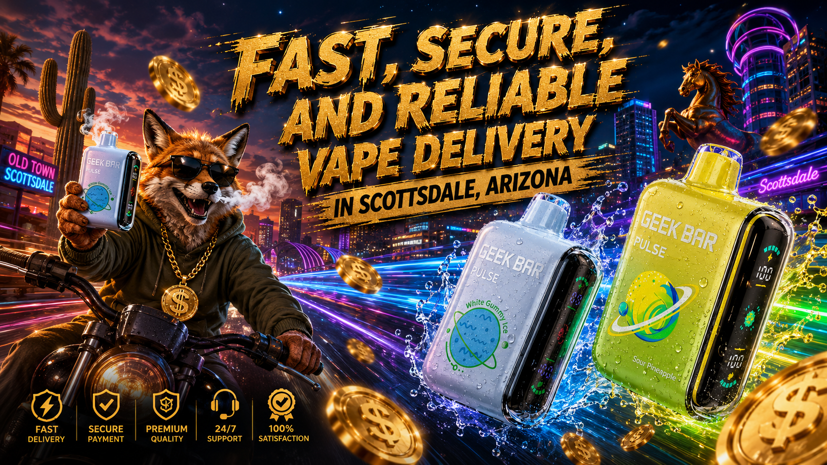 A vibrant promotional banner features fast, secure, and reliable vape delivery in Scottsdale, Arizona, showcasing two colorful Geek Bar disposable vapes surrounded by dynamic water splashes, neon energy trails, and floating gold coins. A stylish fox riding a motorcycle while holding a vape stands out against the illuminated Scottsdale skyline and iconic Old Town landmarks, emphasizing speed, premium quality, and dependable service. The bold gold typography and futuristic design highlight an online vape shop offering affordable disposable vapes, secure ordering, and fast shipping throughout Scottsdale, AZ.