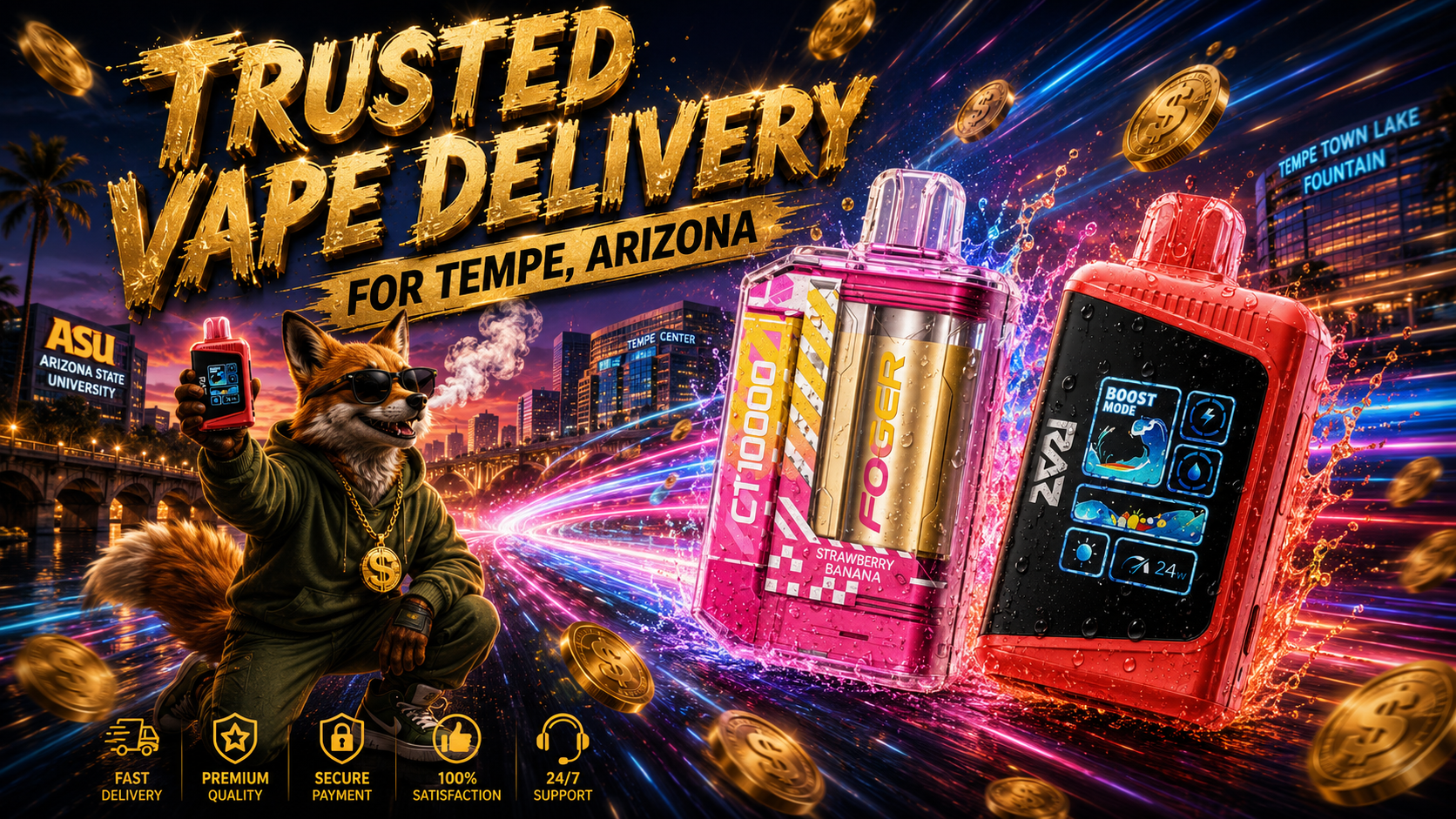 A vibrant promotional banner advertises trusted vape delivery for Tempe, Arizona, featuring colorful disposable vape devices surrounded by dynamic neon light trails, water splashes, and floating gold coins. A fashionable fox wearing sunglasses, a hoodie, and a gold dollar-sign necklace holds a vape while posing in front of the Tempe skyline, with landmarks including Arizona State University and the Tempe Town Lake Fountain visible in the background. Bold gold lettering highlights the reliable delivery service, while icons emphasize fast shipping, premium quality, secure payment, customer satisfaction, and 24/7 support.