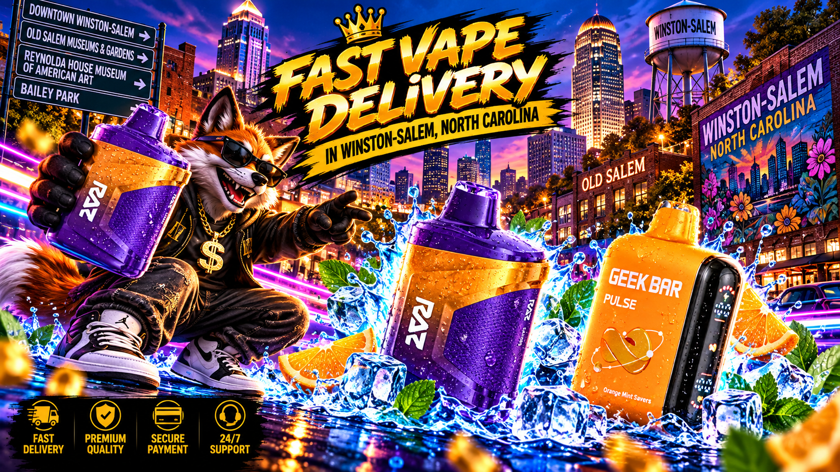 Purple and orange vape devices covered in water droplets sit among ice cubes and splashes in a vibrant city scene.