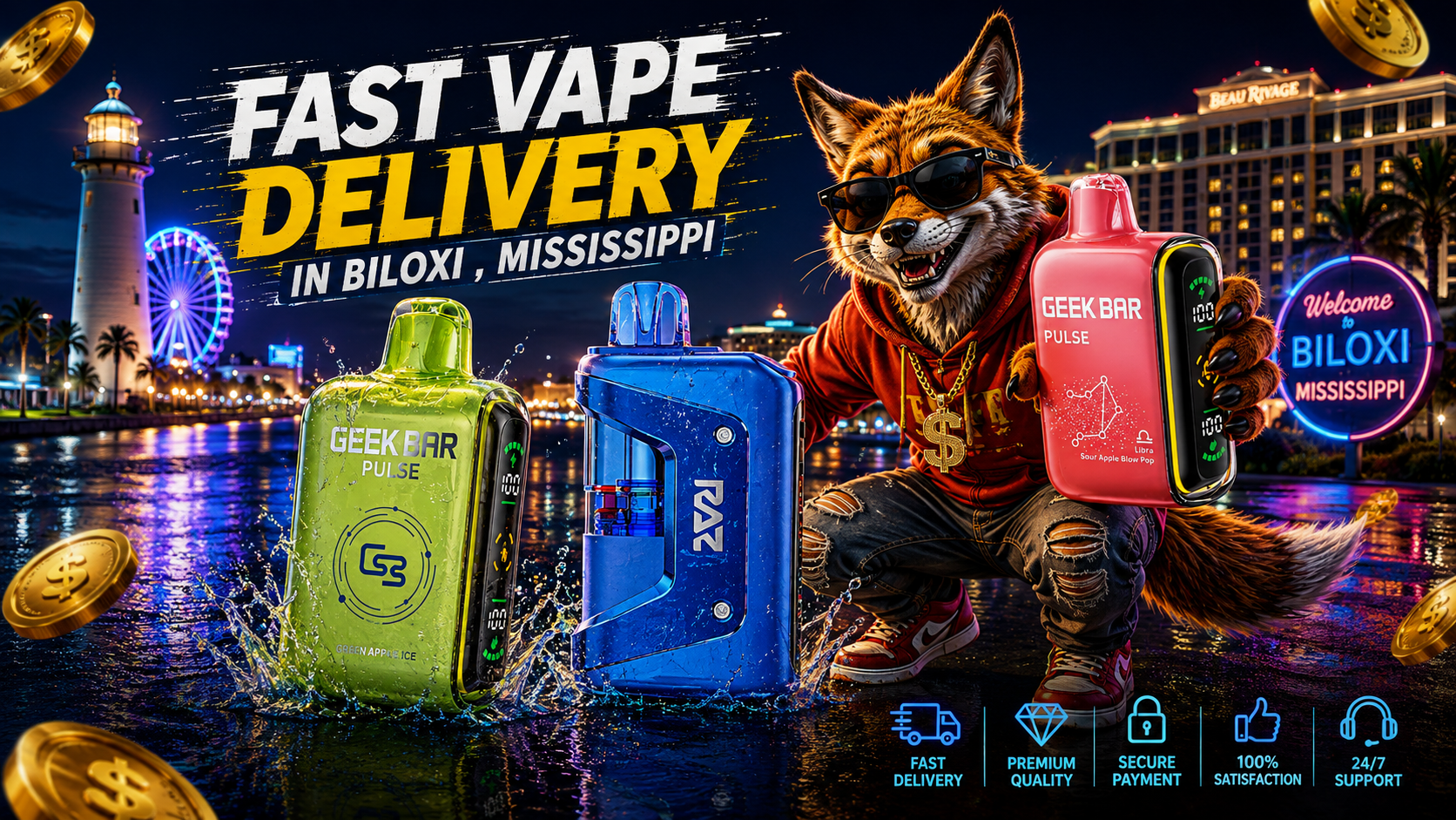 Three colorful vape devices with water splashes and a stylish fox stand before Biloxi’s illuminated coastal landmarks.