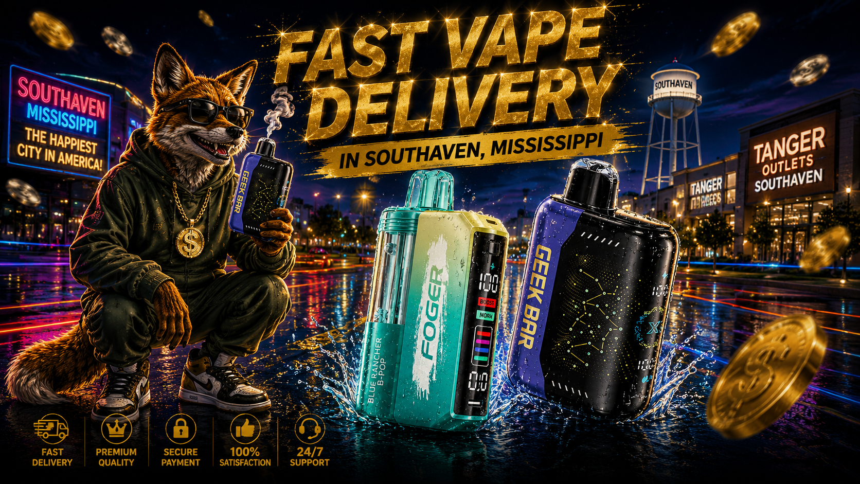 Water-splashed vape devices take center stage with a stylish fox and glowing Southaven, Mississippi landmarks behind them.
