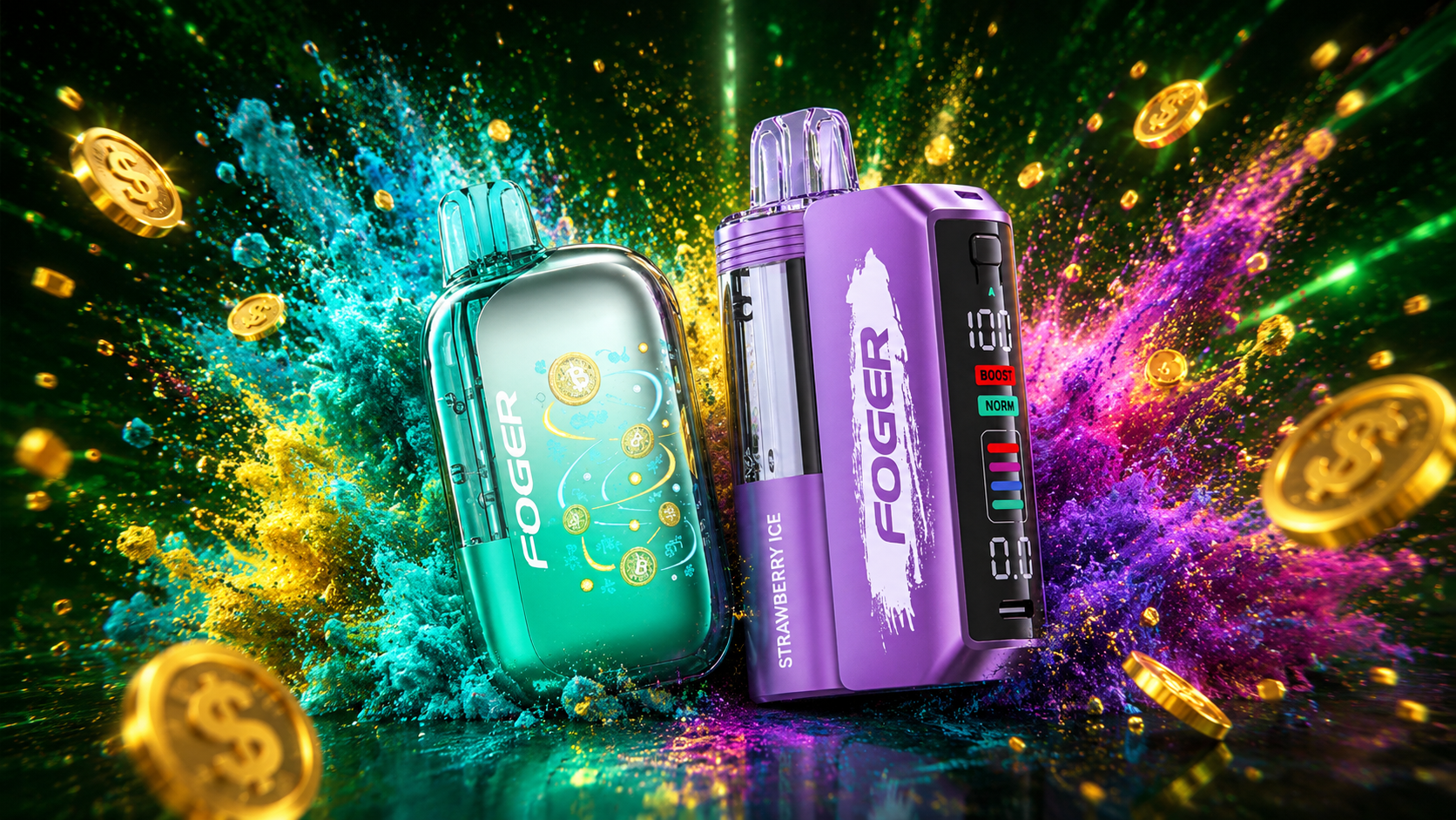 This image showcases two Foger disposable vapes surrounded by vibrant explosions of teal, yellow, purple, and pink colors against a glowing green background. Floating golden dollar coins emphasize savings, value, and special vape promotions available through an online vape shop. The energetic composition highlights premium disposable vapes, a wide flavor selection, and fast vape delivery across the United States.