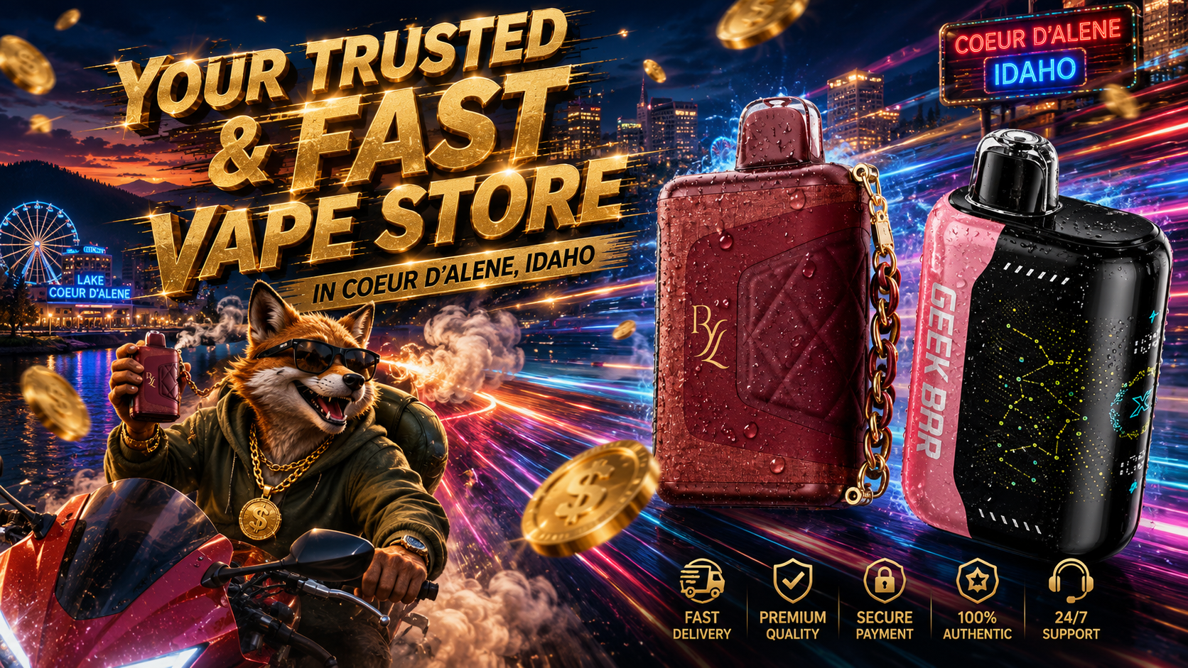Two disposable vapes with a fox rider, Coeur d'Alene skyline, and dynamic fast delivery promotional artwork.