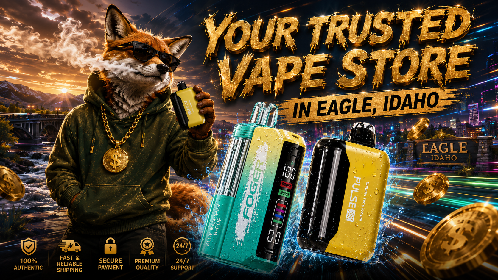 Two disposable vapes with a fox mascot and fast delivery design against the Eagle, Idaho skyline.