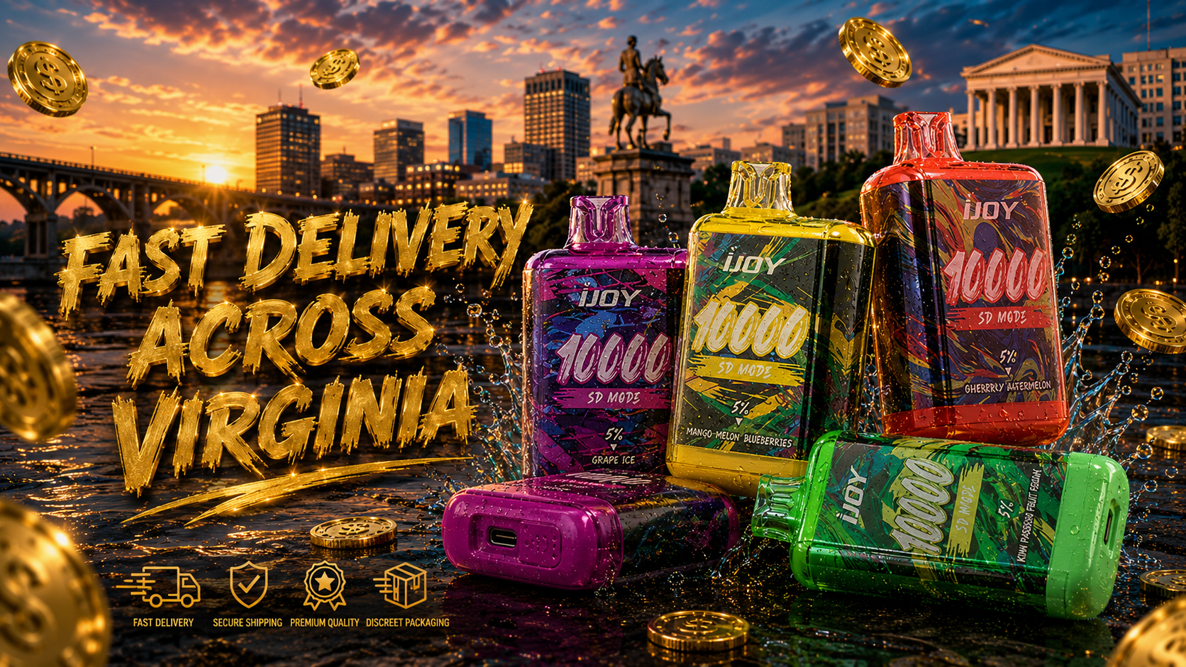 Four colorful iJoy disposable vape devices are displayed with water droplets and reflective finishes against a dramatic Virginia city skyline at sunset. Floating gold coins, water splashes, and illuminated landmarks create a vibrant scene that emphasizes speed, premium quality, and reliable service. Large gold lettering highlights fast delivery across Virginia, while shipping, secure packaging, and quality service icons reinforce the promotional theme.