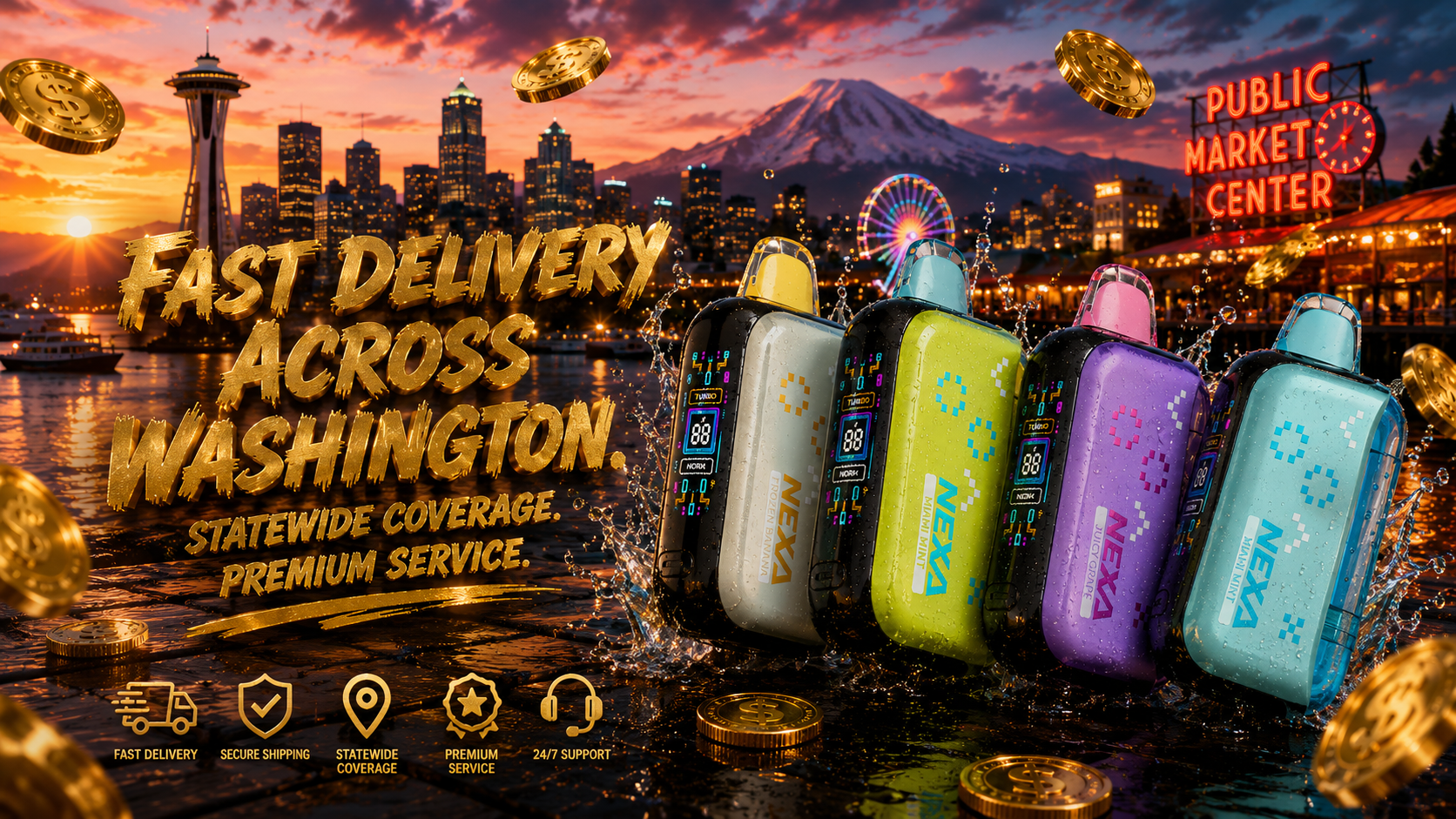 Four colorful NEXA disposable vape devices are displayed with water droplets and glowing digital screens against a breathtaking Seattle skyline featuring the Space Needle, Mount Rainier, and the iconic Public Market Center at sunset. Floating gold coins, vibrant reflections, and dynamic water splashes create a premium advertising scene focused on fast delivery and statewide service across Washington. Service icons highlight fast shipping, secure packaging, statewide coverage, premium customer service, and 24/7 support.