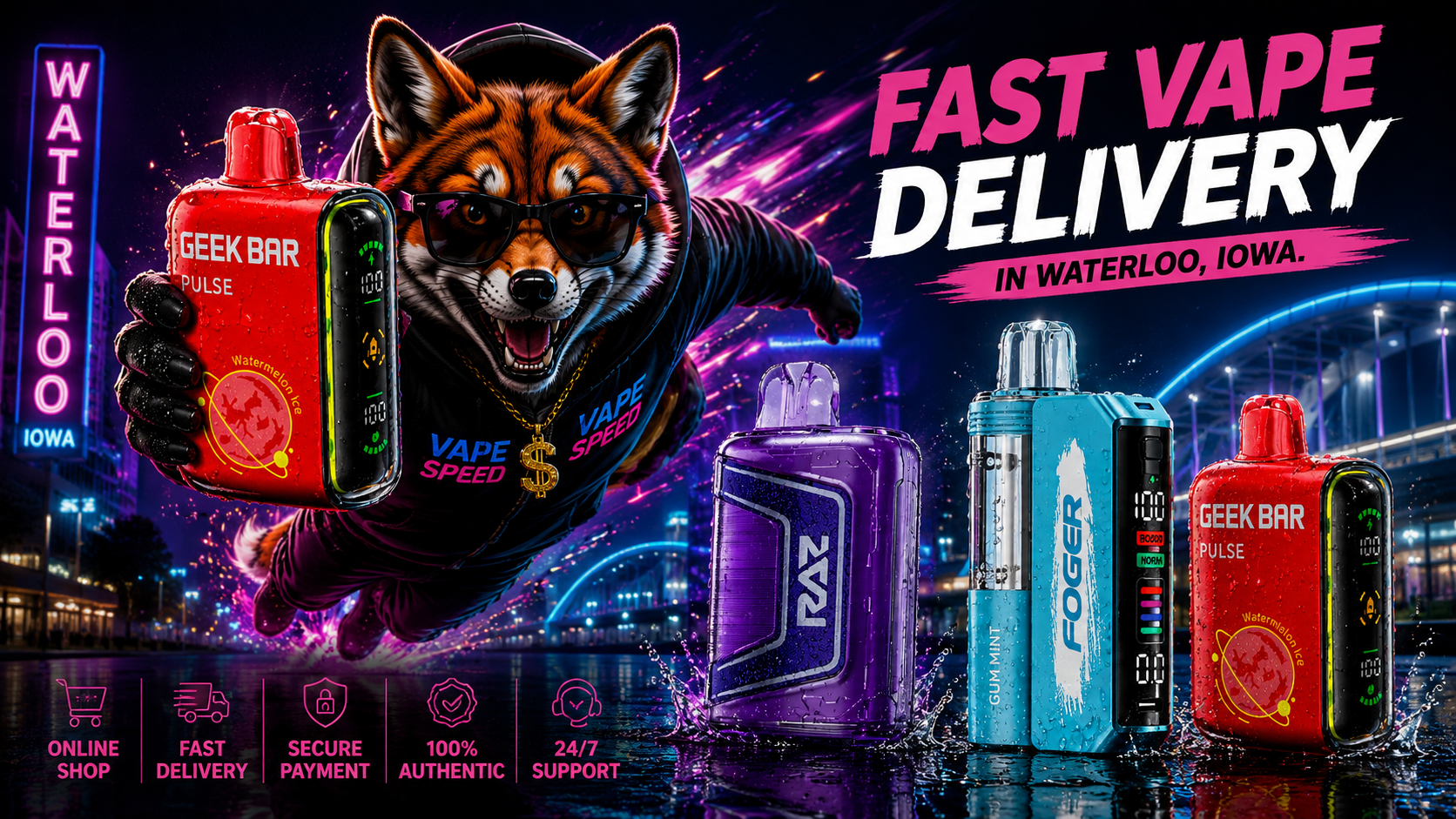 Colorful water-covered devices stand by a flying fox, vivid light streaks and a glowing Waterloo night backdrop.