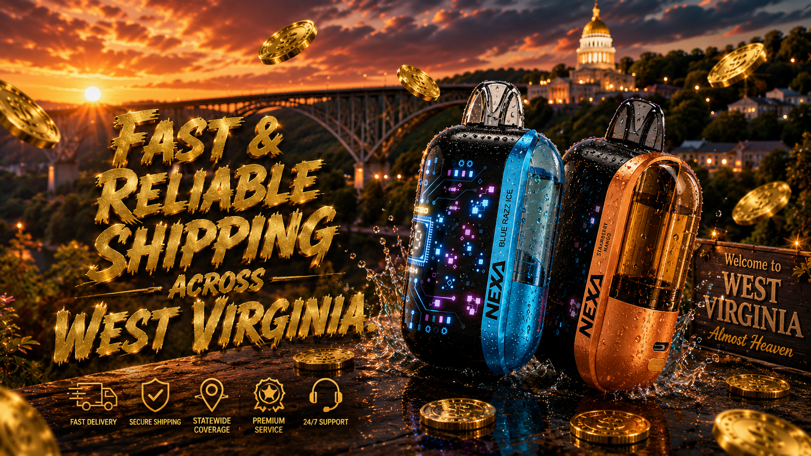 Two NEXA vape devices with illuminated digital-style designs stand in the foreground against a scenic West Virginia sunset featuring the New River Gorge Bridge and the State Capitol building. Floating gold coins, water splashes, and warm golden lighting create a premium atmosphere that emphasizes fast and reliable statewide shipping. The image highlights secure shipping, statewide coverage, premium service, and 24/7 customer support across West Virginia.