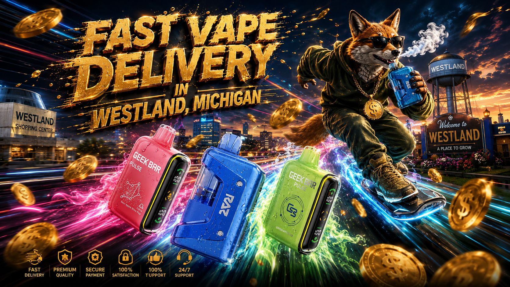 Vape devices with colorful energy trails, gold coins and a fox riding through a vibrant Westland, Michigan city scene.