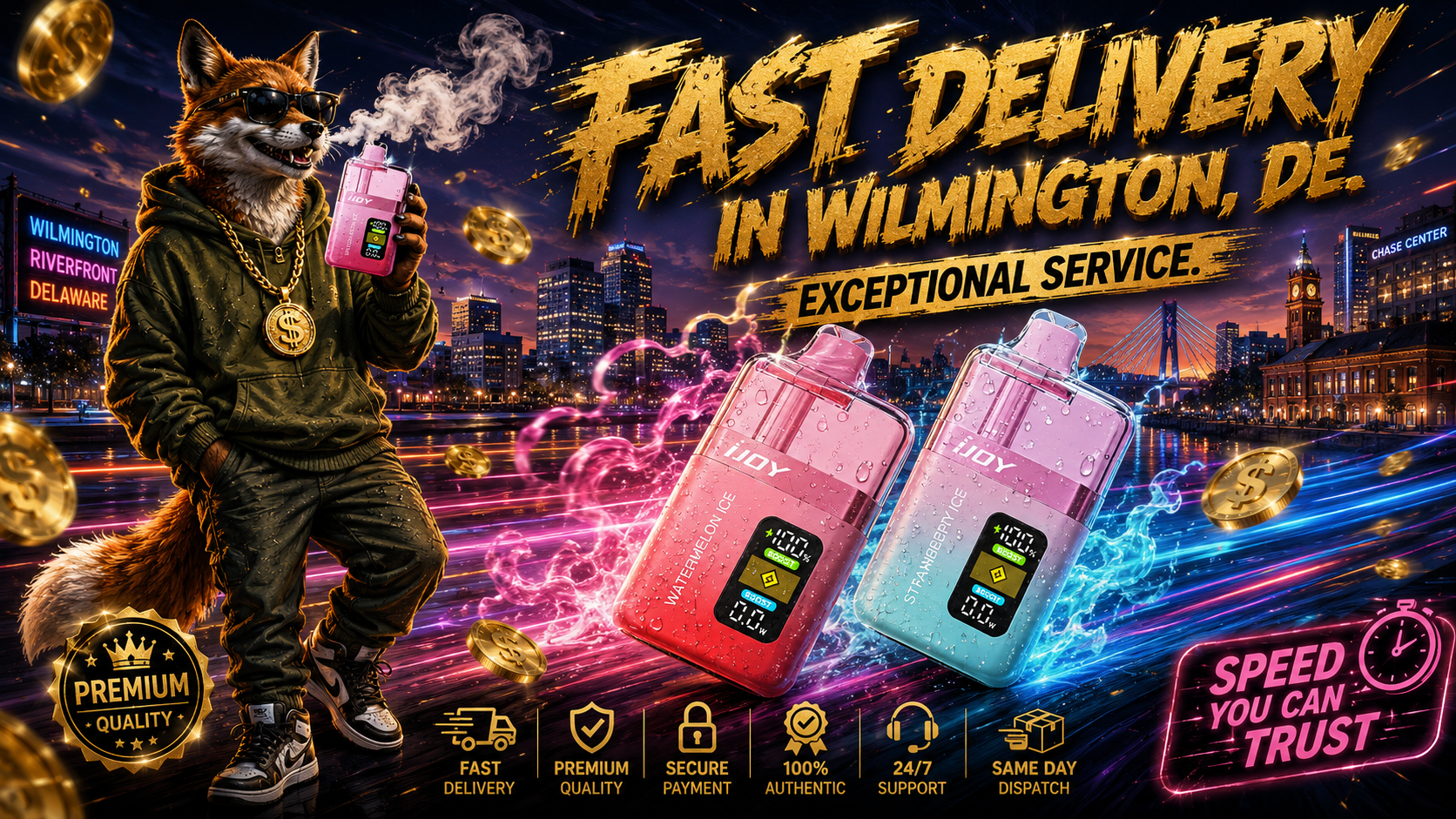 A dynamic vape delivery advertisement features two colorful iJoy disposable vapes with water droplets, surrounded by vibrant pink and blue energy trails against the Wilmington, Delaware skyline at sunset. A fashionable fox wearing sunglasses and gold jewelry holds a matching vape device while golden coins float through the scene, emphasizing value and premium service. Bold gold lettering promotes fast delivery and exceptional service, while icons highlight secure payments, authentic products, same-day shipping, and customer support.