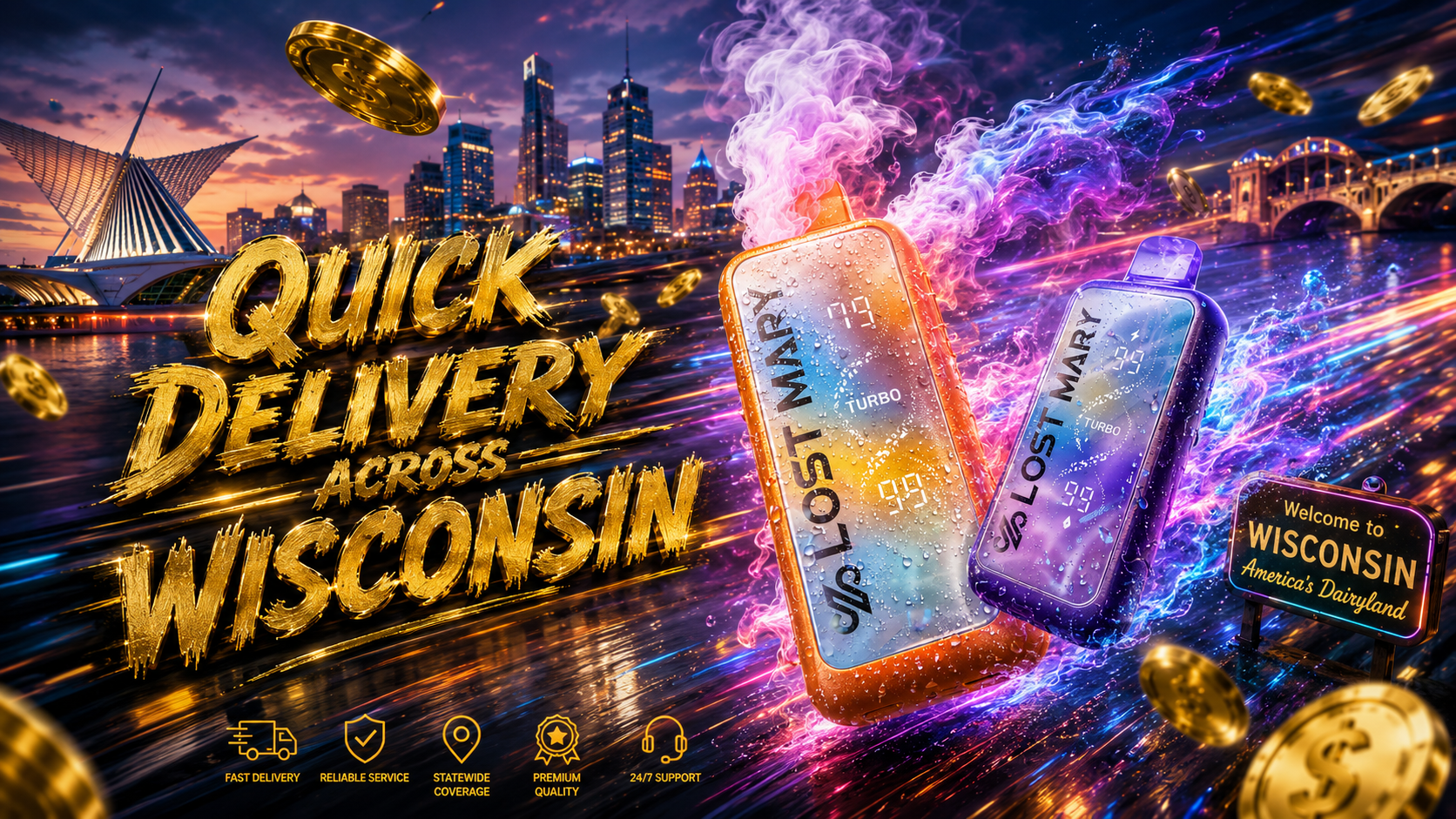 A dynamic promotional image shows two Lost Mary Turbo disposable vapes surrounded by vibrant clouds of colorful smoke and glowing energy trails as they race across a futuristic Wisconsin cityscape at sunset. Gold coins float through the scene while sparkling water droplets cover the devices, creating a premium and high-energy visual effect. Large golden lettering promotes quick delivery across Wisconsin, with iconic state-themed landmarks, a welcome sign, and service icons emphasizing fast shipping, statewide coverage, and reliable online vape service.