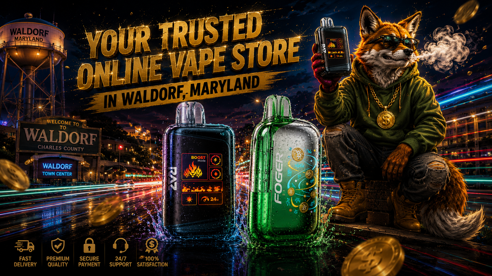 Two modern vape devices with water droplets stand beside a stylish fox against illuminated Waldorf streets.