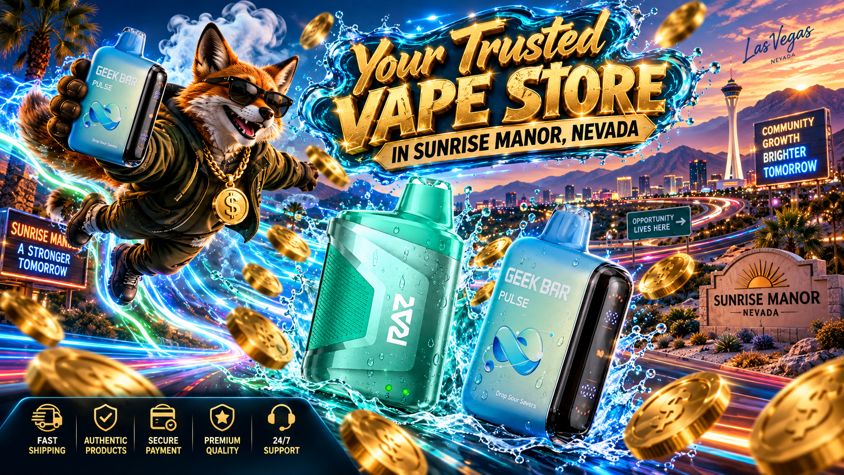 Colorful vaping devices with water splashes against a vibrant Sunrise Manor, Nevada landscape with fast shipping icons.