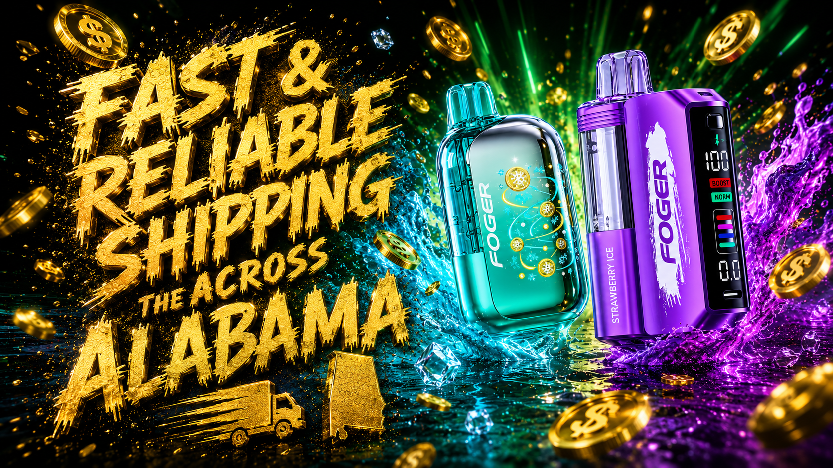 Two colorful Foger vape devices are surrounded by vibrant blue and purple liquid splashes, floating ice cubes, and shimmering gold dollar coins. Bright green light rays illuminate the scene, highlighting the sleek designs and modern displays of the devices. The image creates an energetic and premium atmosphere, combining refreshing flavor-inspired visuals with symbols of savings and value.