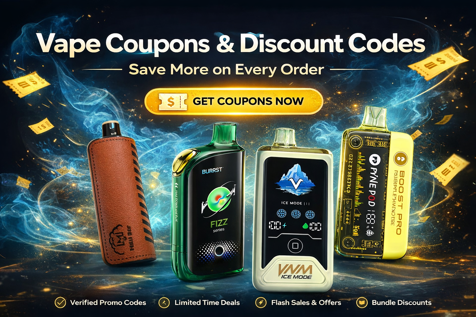 Vape coupons and discount codes banner with promo codes from top US stores