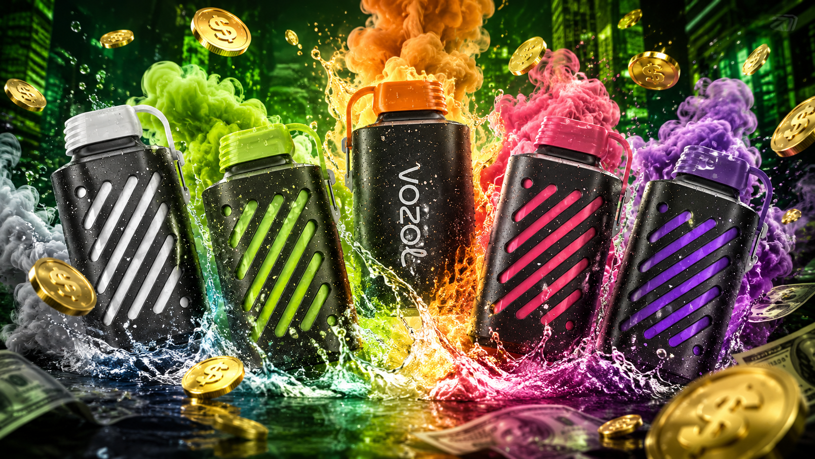A vibrant promotional image features five colorful VOZOL disposable vapes surrounded by dramatic clouds of flavored vapor, splashing water effects, and floating gold dollar coins. Each device is highlighted with a unique color theme, creating an energetic display against a glowing green city-inspired background. The scene combines premium lighting, detailed textures, and money-themed elements to emphasize variety, excitement, and great vape deals.
