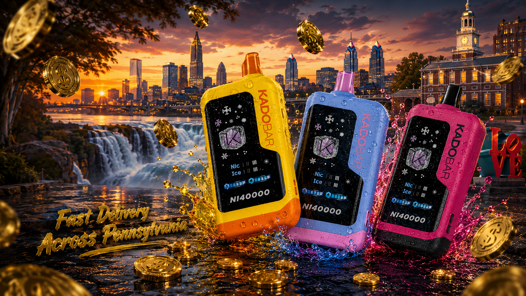 A vibrant promotional image showcases three colorful KADOBAR disposable vape devices surrounded by water splashes, floating gold coins, and glowing reflections. The background features iconic Pennsylvania-inspired scenery, including a dramatic waterfall, a modern city skyline at sunset, historic architecture, and the famous LOVE sculpture. Golden lettering emphasizes fast delivery across Pennsylvania, creating a premium and energetic statewide shipping advertisement.
