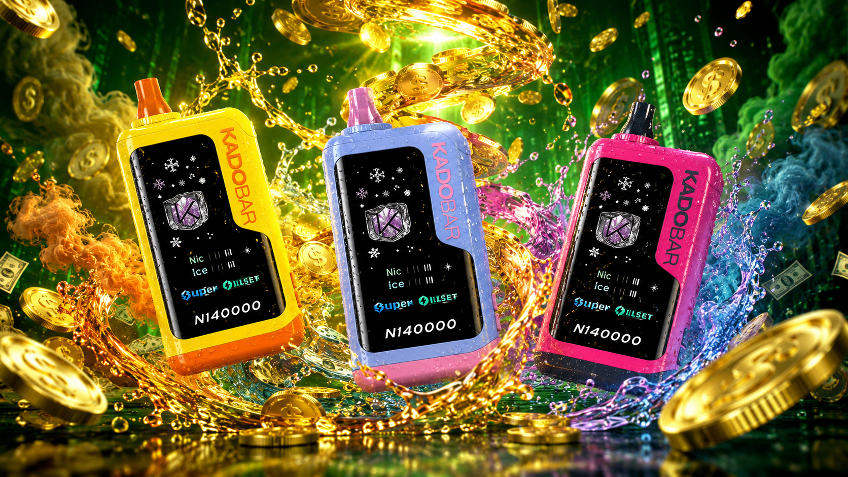 Three colorful KADOBAR N140000 disposable vape devices are displayed in a dynamic luxury scene surrounded by swirling gold dollar coins, vibrant splashes of liquid, and clouds of colorful vapor. The devices feature bright yellow, blue, and pink designs with water droplets on their surfaces, creating a premium and eye-catching presentation. A glowing green background with floating cash and golden energy effects enhances the atmosphere of excitement, value, and high-end vape innovation.