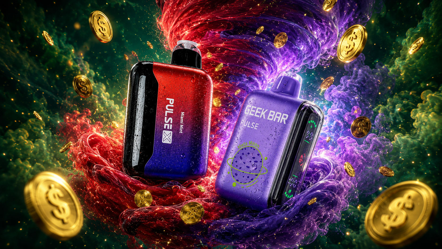 This striking promotional image features two Geek Bar Pulse disposable vapes surrounded by swirling red and purple smoke that forms a dramatic tornado-like vortex. Floating gold dollar coins, glowing particles, and realistic water droplets on the devices create a premium, high-energy atmosphere. The vibrant contrast of colors against the dark green background highlights the flavors, innovation, and value of the featured vaping products.