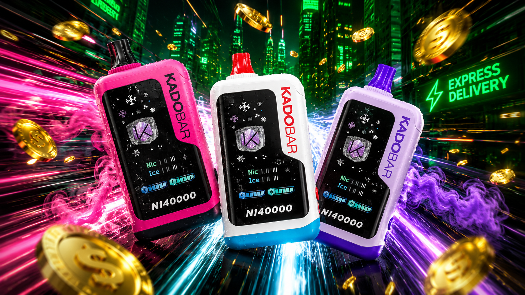 Three KADOBAR N14000 disposable vapes in pink, white, and purple are displayed against a futuristic neon-green city backdrop filled with flying gold coins and vibrant light trails. Bright clouds of pink, blue, and purple vapor swirl around the devices, while their digital screens showcase advanced vaping features and ice level indicators. The dynamic motion effects, glowing city lights, and 