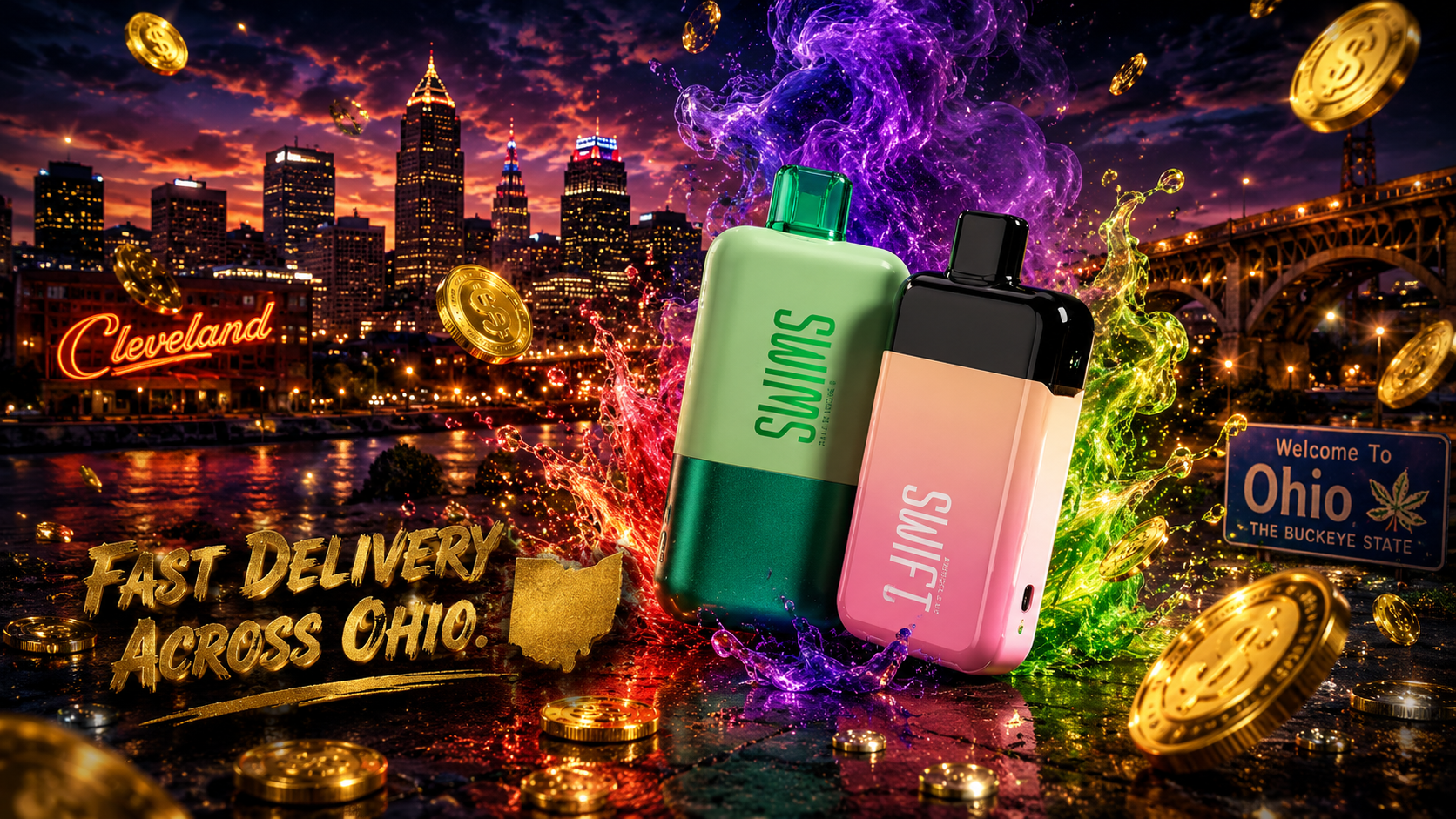 A vibrant promotional image features two SWFT disposable vape devices surrounded by colorful smoke effects, splashing liquid, and floating gold coins. The background showcases the Cleveland, Ohio skyline at night with illuminated skyscrapers, a riverfront bridge, and glowing city reflections across the water. Bold golden text reading 