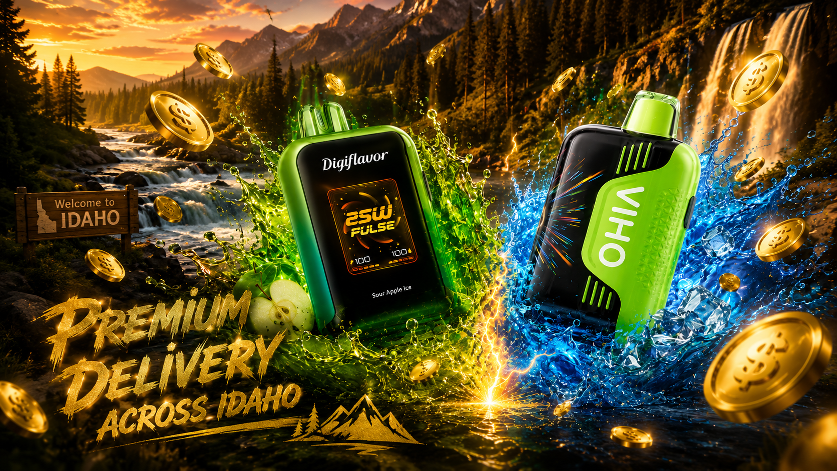 A striking promotional image features two modern vape devices surrounded by dramatic green and blue liquid splashes, floating ice cubes, and shimmering gold coins. The background showcases Idaho’s natural beauty with towering mountains, cascading waterfalls, evergreen forests, and a glowing sunset over a rushing river. The bold message 