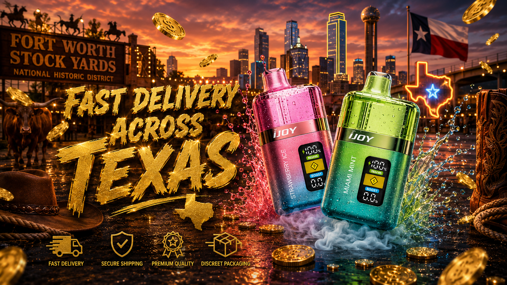 A striking Texas-themed promotional image showcases two colorful disposable vape devices surrounded by vibrant liquid splashes, floating gold coins, and drifting vapor effects in front of the Fort Worth skyline at sunset. Iconic Texas elements, including the Fort Worth Stockyards sign, cowboy hat, boots, longhorn cattle, Texas flag, and neon state outline, create a bold Western atmosphere. Large gold lettering promotes fast delivery across Texas, while service icons emphasize fast delivery, secure shipping, premium quality, and discreet packaging.