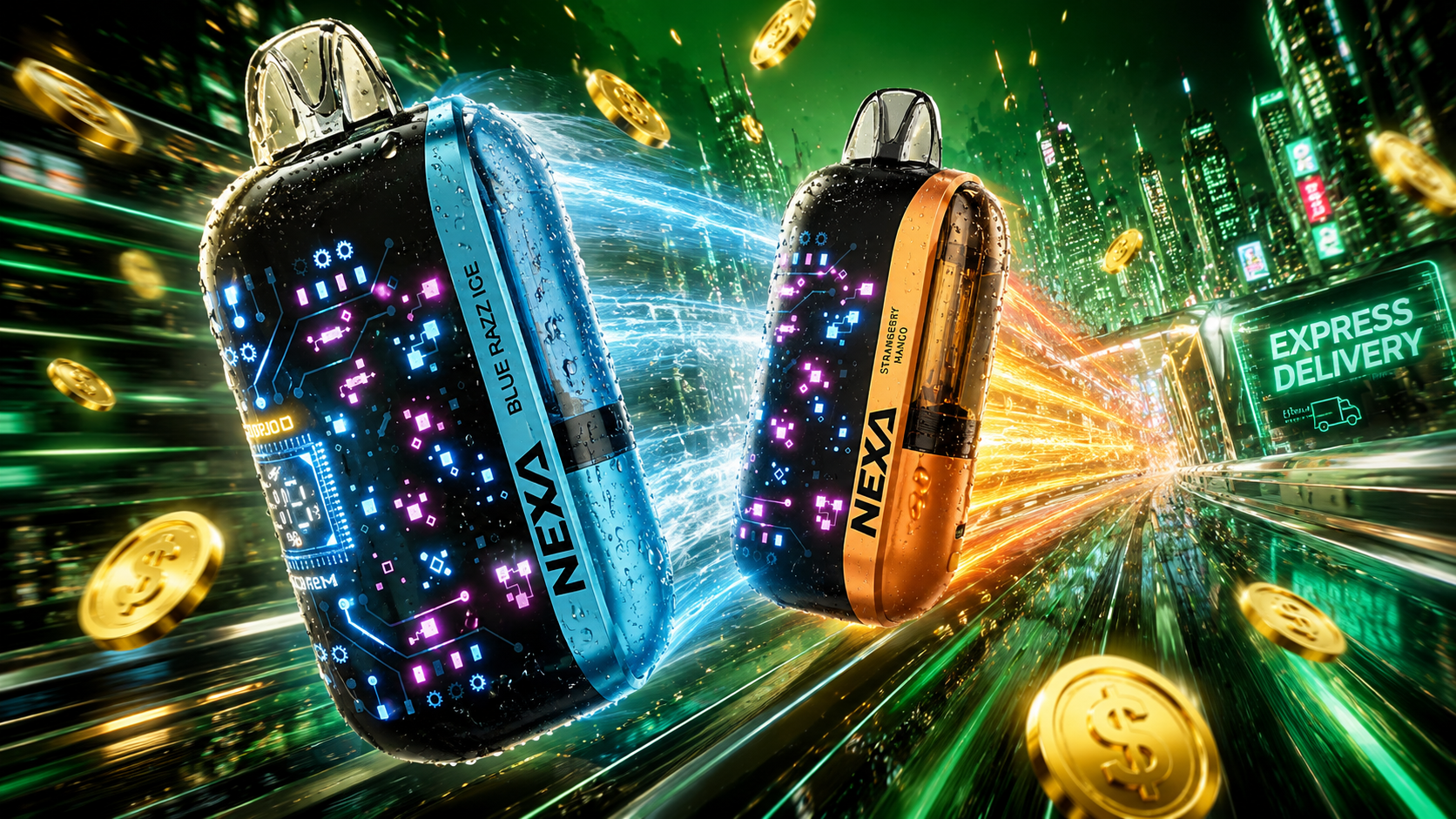 This dynamic promotional image features two NEXA disposable vapes racing through a futuristic neon city with vibrant blue and orange energy trails. Floating gold coins, glowing digital graphics, and realistic water droplets emphasize innovation, value, and premium vaping technology. The illuminated 