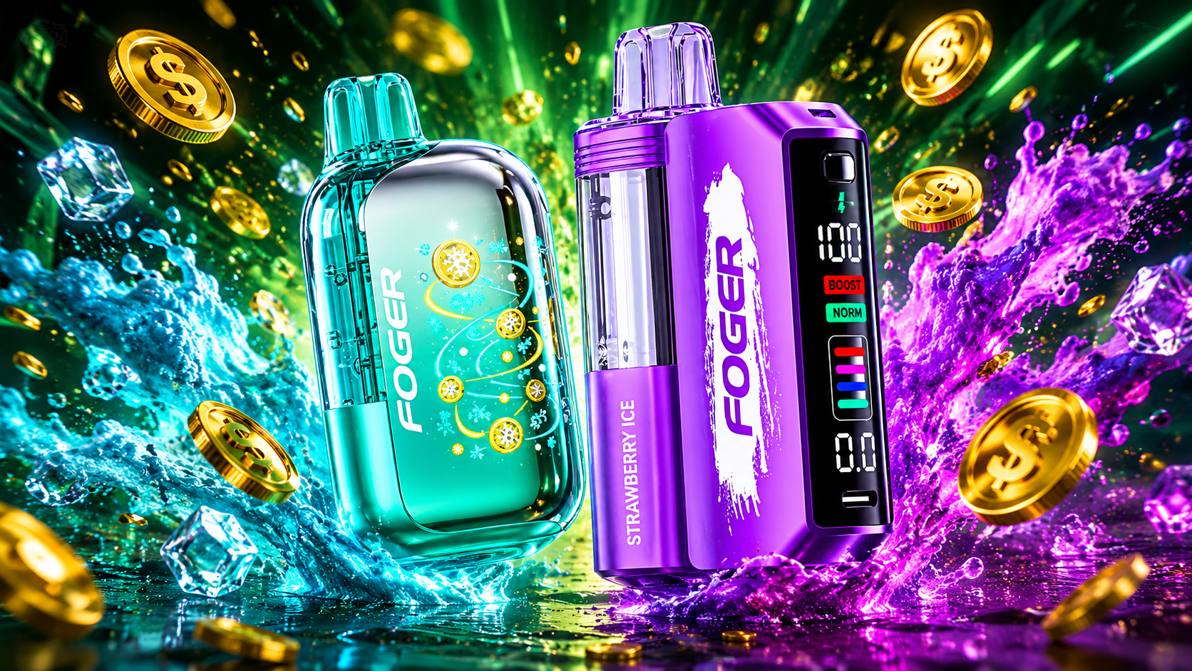 Two colorful Foger vape devices are surrounded by vibrant blue and purple liquid splashes, floating ice cubes, and shimmering gold dollar coins. Bright green light rays illuminate the scene, highlighting the sleek designs and modern displays of the devices. The image creates an energetic and premium atmosphere, combining refreshing flavor-inspired visuals with symbols of savings and value.