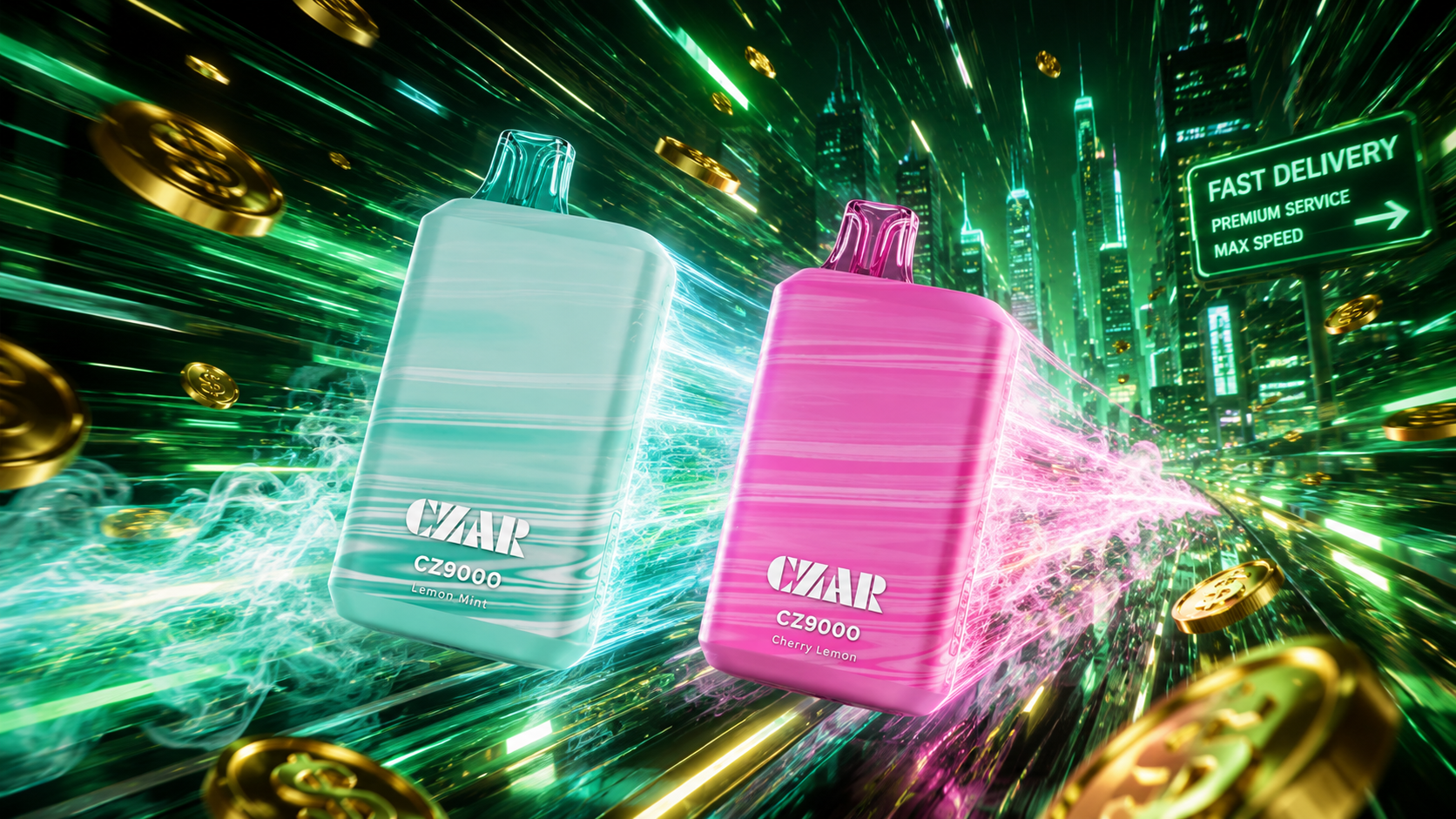 Two colorful CZAR CZ9000 disposable vapes race through a futuristic neon-green city at incredible speed, leaving behind vibrant trails of glowing energy and vapor. Golden dollar coins float through the scene while streaking lights and motion effects create a dramatic hyper-speed atmosphere. The futuristic skyline and fast delivery sign emphasize rapid shipping, premium service, and an exciting high-tech vape experience.