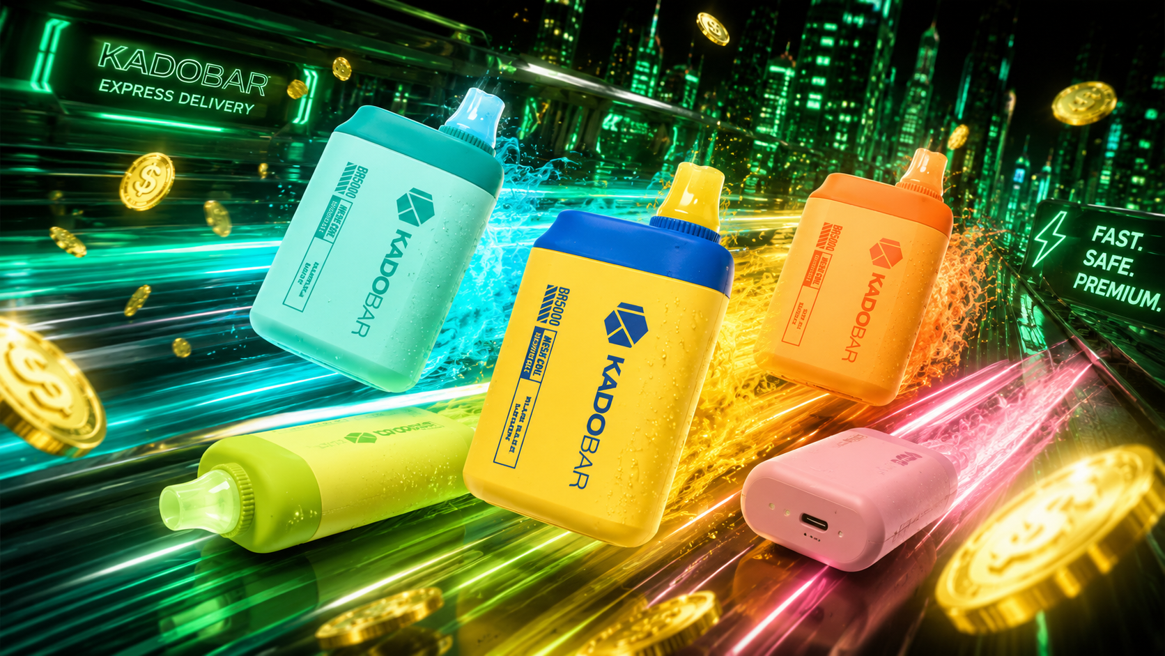 A dynamic promotional image showcases several colorful Kado Bar disposable vapes racing through a futuristic neon-green city with glowing speed trails behind them. Floating gold coins, vibrant energy effects, and realistic water droplets create a premium atmosphere that emphasizes fast shipping and exceptional value. The bright devices in multiple colors highlight a wide flavor selection while reinforcing themes of convenience, innovation, and reliable vape delivery.