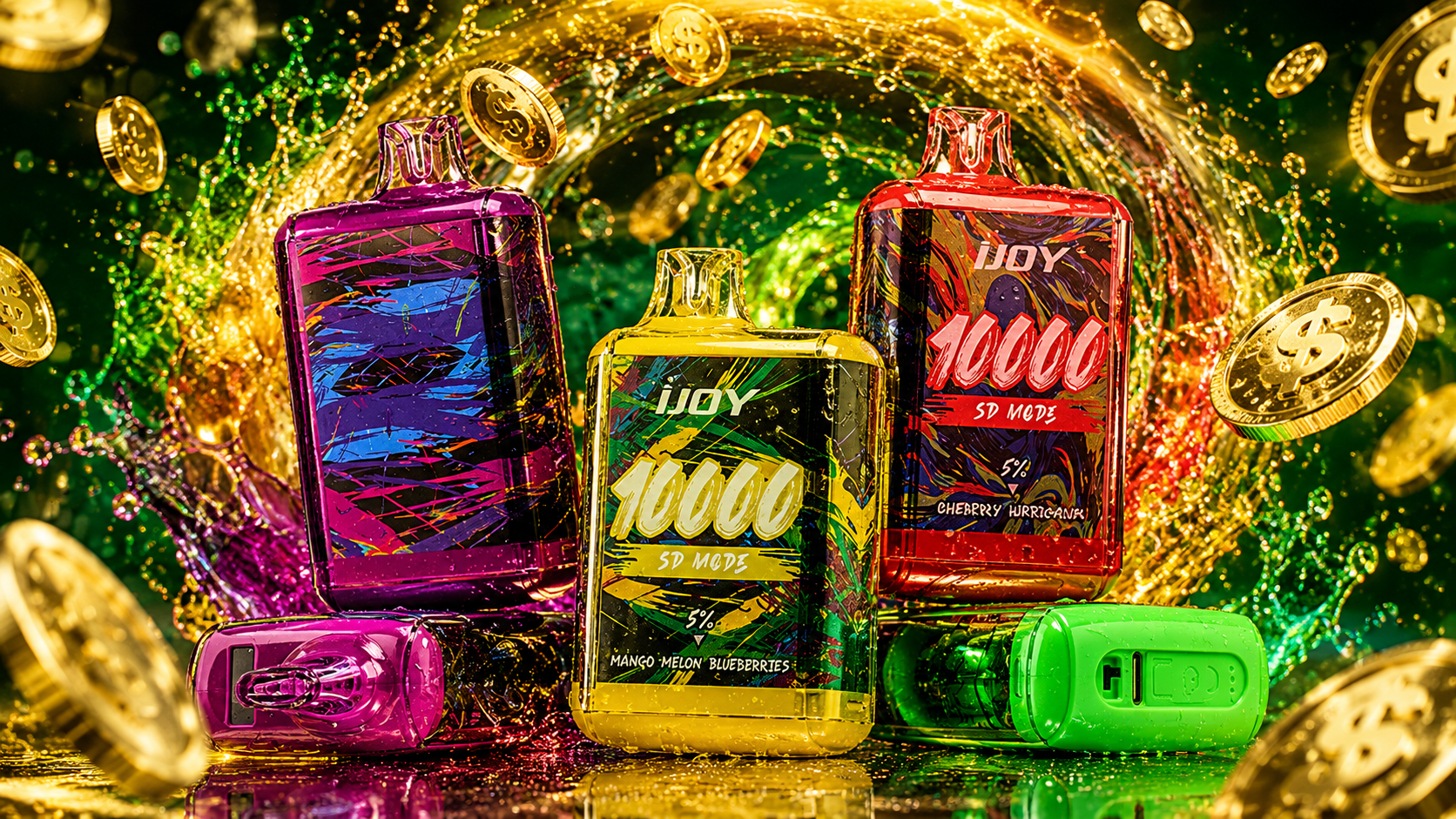 A vivid promotional image displays several colorful iJOY disposable vapes arranged in the center of a swirling storm of golden liquid and floating dollar coins. The devices feature bright purple, yellow, red, and green designs with artistic graphics, creating an energetic and eye-catching presentation. A glowing green background, sparkling effects, and dynamic splashes emphasize excitement, variety, and exceptional vape deals.