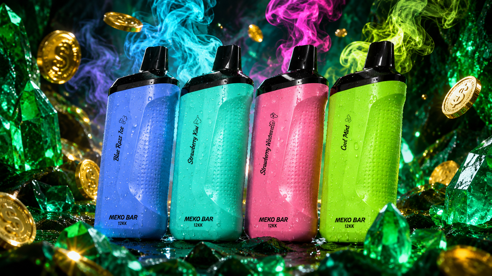 Four colorful MEKO BAR 12K disposable vapes in Blue Razz Ice, Strawberry Kiwi, Strawberry Watermelon, and Cool Mint flavors are displayed among sparkling emerald crystals and floating gold dollar coins. Vibrant clouds of blue, purple, pink, and green vapor rise above the devices, while realistic water droplets enhance their premium appearance. The luxurious gemstone cave setting, dramatic lighting, and rich green reflections create a striking, high-end advertising scene with exceptional detail.