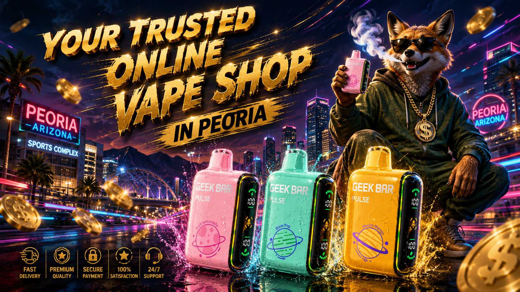 A vibrant promotional banner showcases an online vape shop serving Peoria, Arizona, featuring three colorful Geek Bar Pulse disposable vapes surrounded by glowing light effects, water splashes, and floating gold coins. A stylish fox wearing sunglasses and a gold dollar-sign chain holds a vape while bold golden lettering emphasizes trusted online shopping, fast shipping, and premium customer service. The illuminated Peoria skyline, city landmarks, and service icons create an energetic scene that highlights a wide selection of disposable vapes, reliable delivery, and competitive prices.