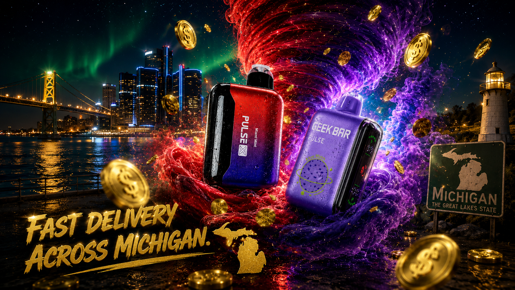 A dramatic promotional image features two colorful vape devices surrounded by a massive swirling tornado of red and purple vapor, floating gold coins, and glowing energy effects. The background showcases a Michigan waterfront at night with illuminated city skyscrapers, a suspension bridge, a lighthouse, and a sign reading 