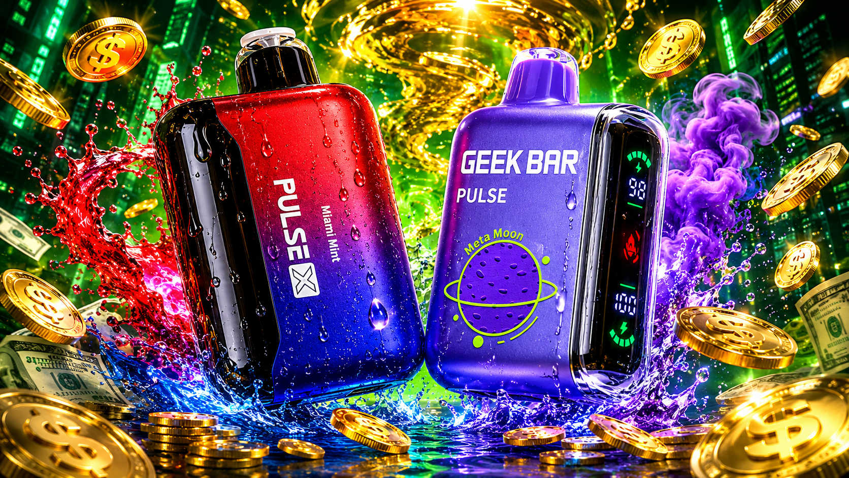 Two colorful disposable vapes, the Pulse X Miami Mint and Geek Bar Pulse Meta Moon, are displayed in a dramatic scene filled with flying gold coins, swirling liquid splashes, and vibrant clouds of red, blue, and purple vapor. Water droplets cover the devices while a glowing golden vortex rises behind them against a futuristic green cityscape background. The luxurious money-themed composition highlights premium vape flavors, advanced technology, and exceptional value with high-energy visual effects.