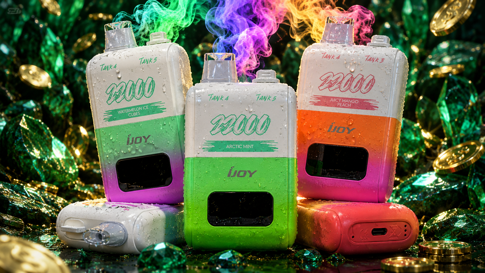 This image features several colorful iJOY disposable vapes displayed among sparkling green gemstones and floating gold dollar coins, creating a premium and visually striking scene. The devices are covered with realistic water droplets while vibrant clouds of green, purple, pink, and orange vapor rise above them, emphasizing different flavor experiences. Rich emerald lighting, reflective surfaces, and luxury advertising-style effects give the image a high-end appearance focused on variety, freshness, and value.